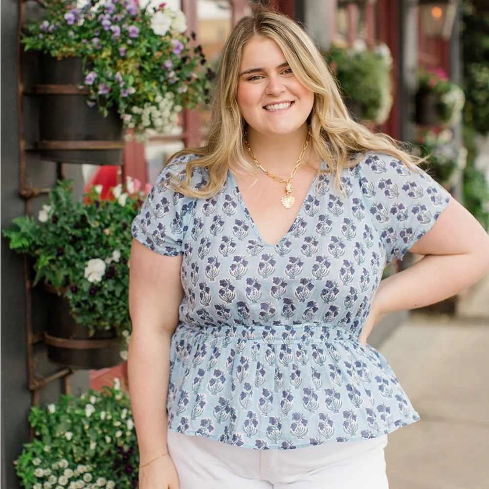 Plus Size Light Blue Floral V-Neck Peplum Blouse